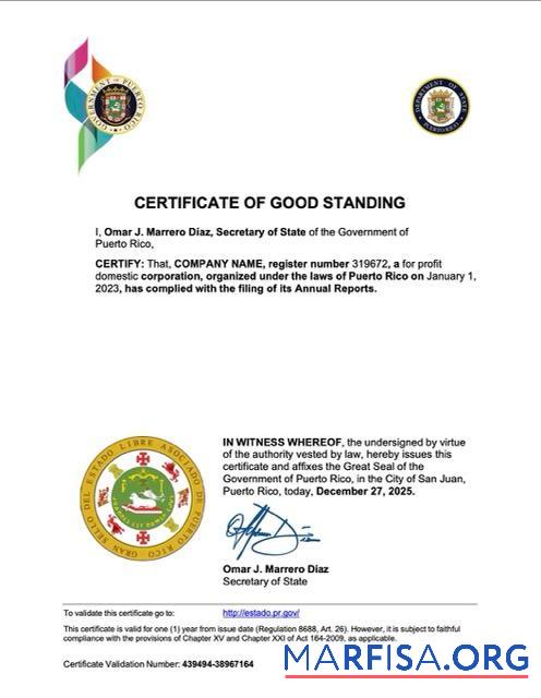 Downloadable Puerto Rico certificate of good standing Word and PDF template